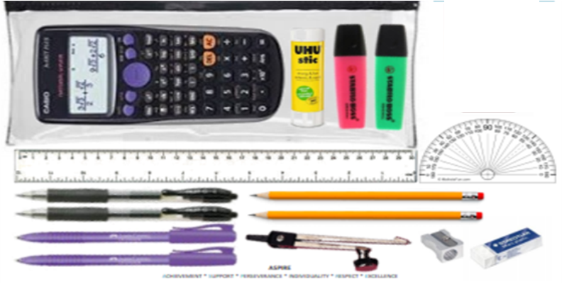 RTL pack - Clear pencil case, red and green highlighter, black pen x2, purple pen x2, pencil x2, protractor, pencil sharpener, eraser, 30cm ruler, compass, Casio scientific calculator 