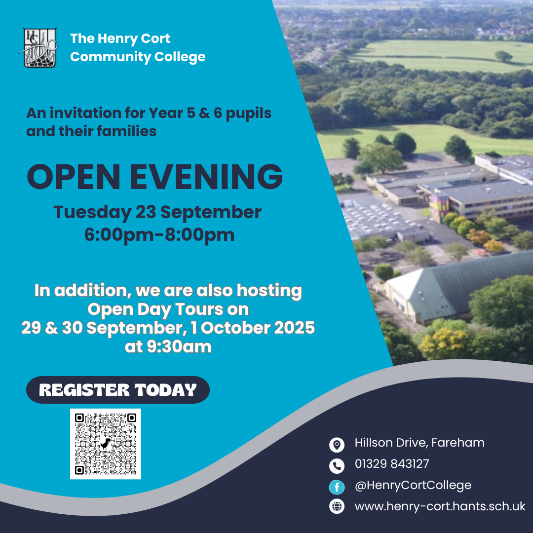 Open Evening Advert - Tuesday 23 September 6:00-8:00pm. In addition, we are running open day tours on 29 and 30 September and 1 October 2025 at 9:30am.